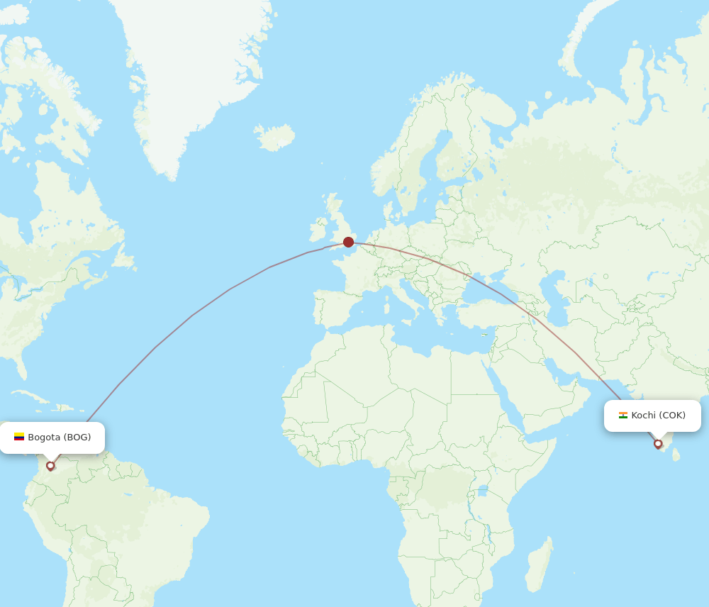 Bogota - Kochi route map and flight paths