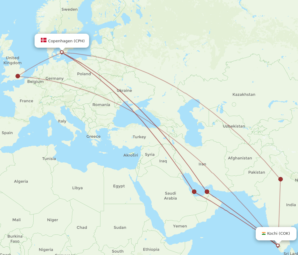 COK-CPH flight routes