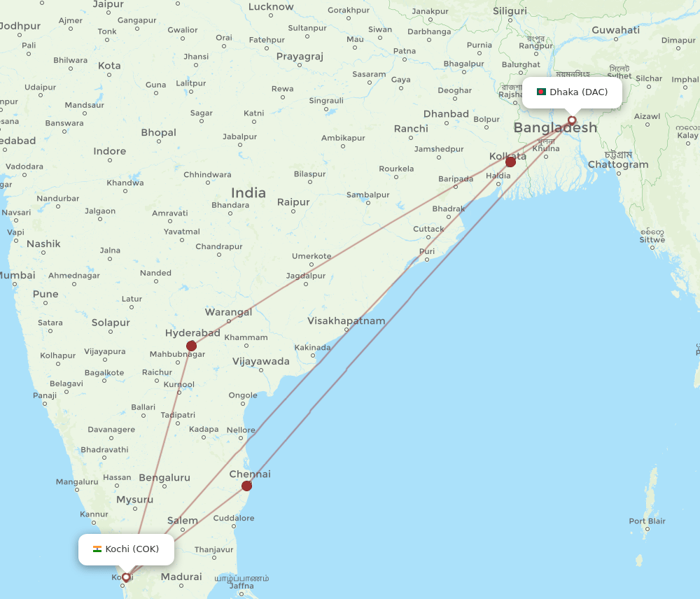 COK to DAC flights and routes map