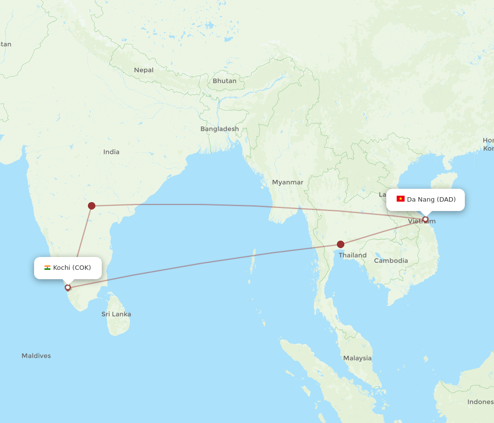 Da Nang - Kochi route map and flight paths