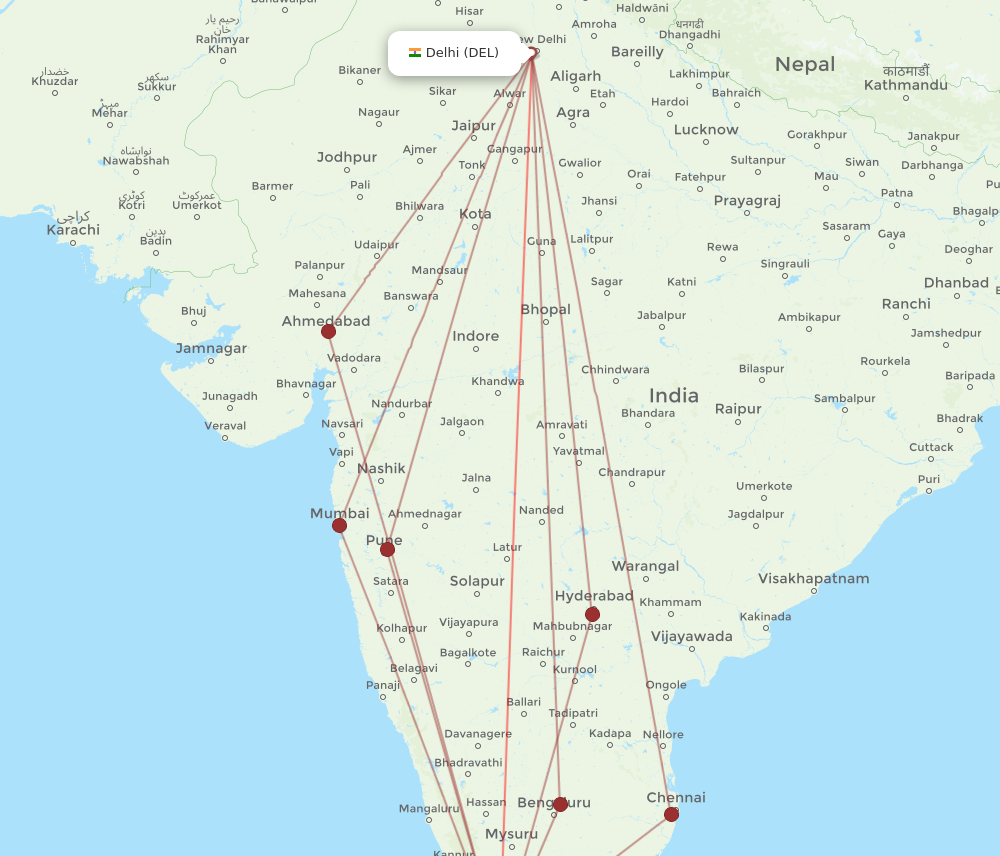 COK to DEL flights and routes map