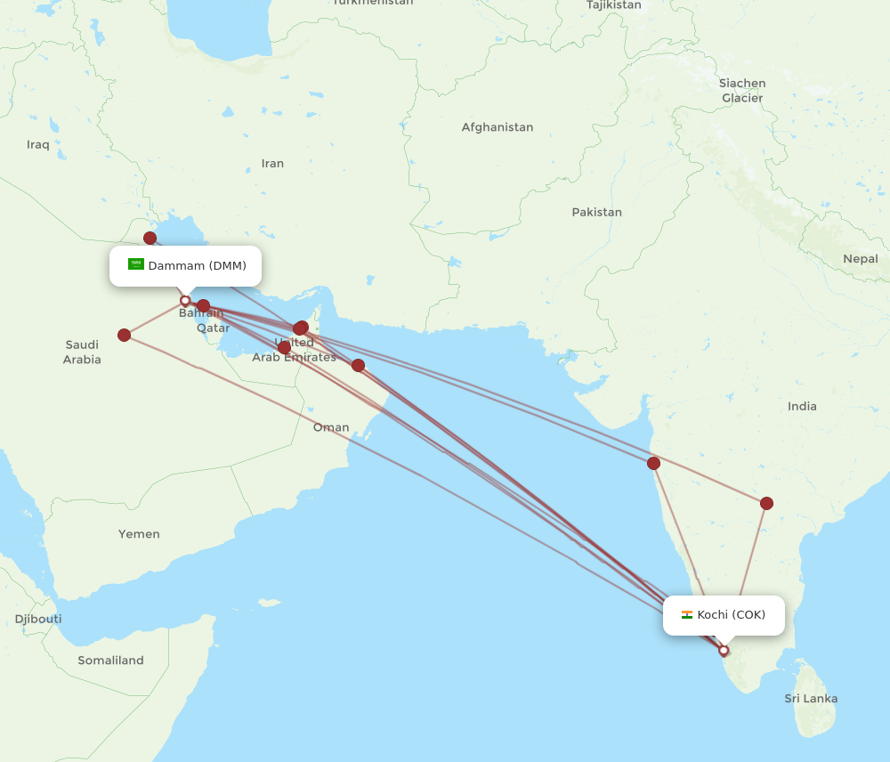 COK to DMM flights and routes map