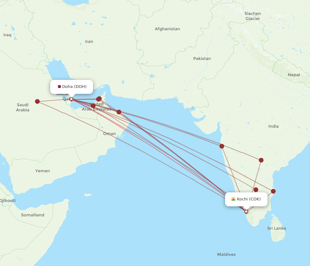 COK-DOH flight routes