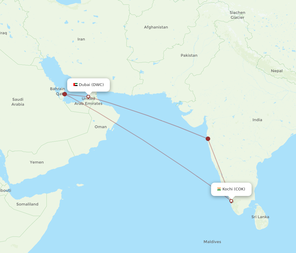 COK to DWC flights and routes map