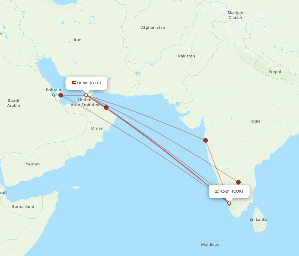 COK to DXB flights and routes map