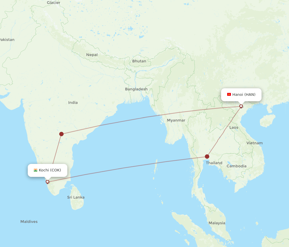 Hanoi - Kochi route map and flight paths