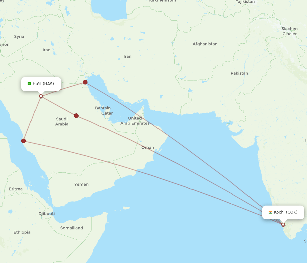 COK to HAS flights and routes map