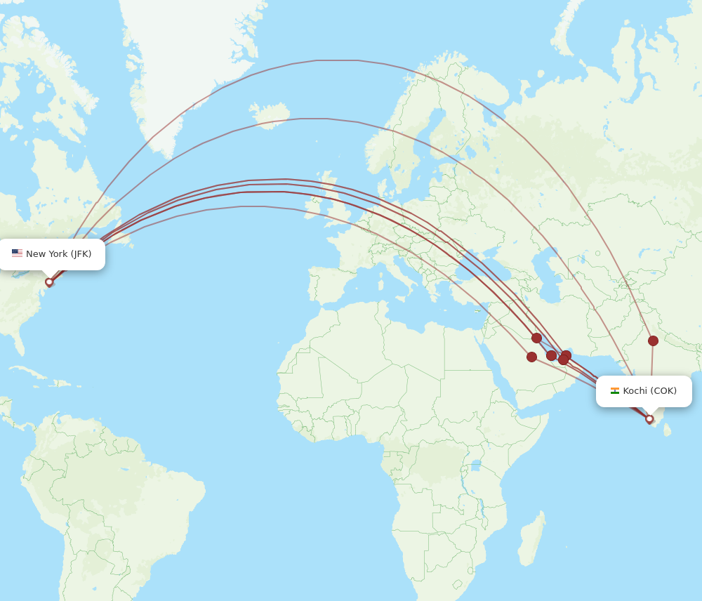 COK to JFK flights and routes map