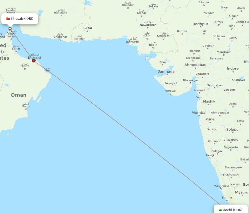 Khasab - Kochi route map and flight paths