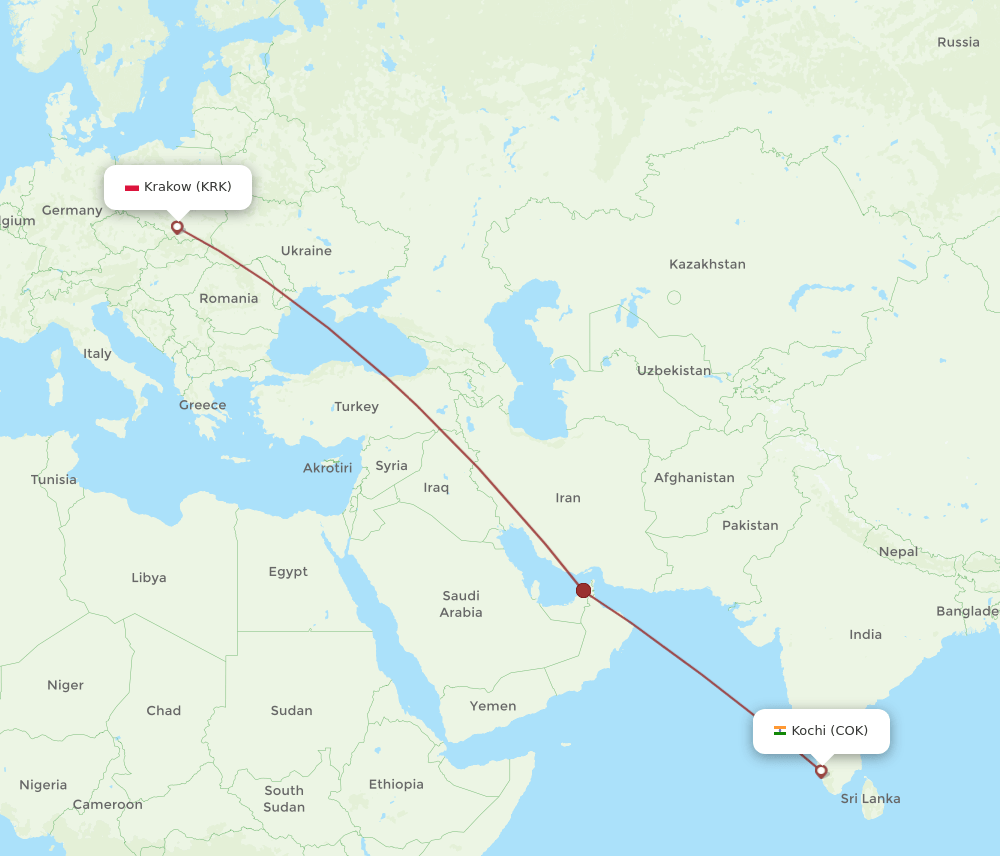 Krakow - Kochi route map and flight paths