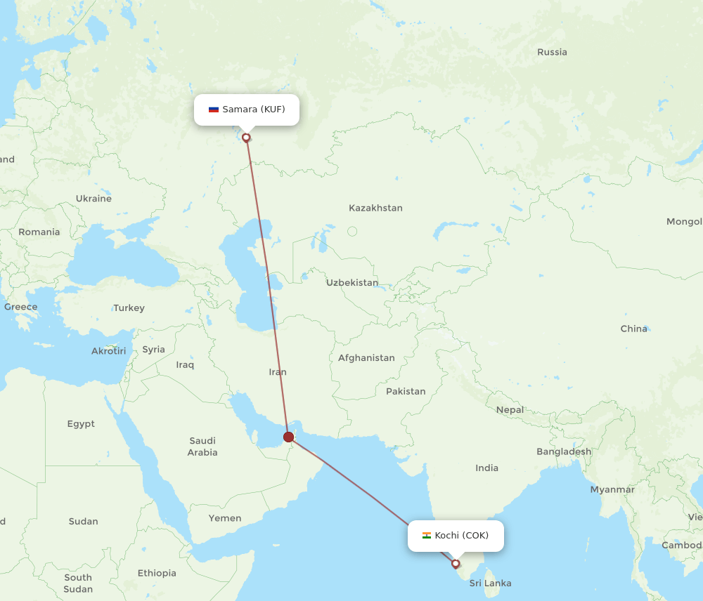 Samara - Kochi route map and flight paths
