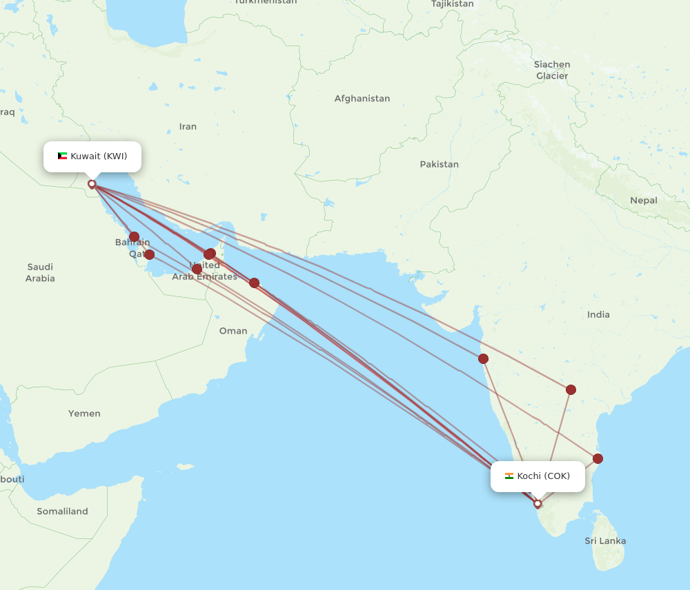 COK to KWI flights and routes map