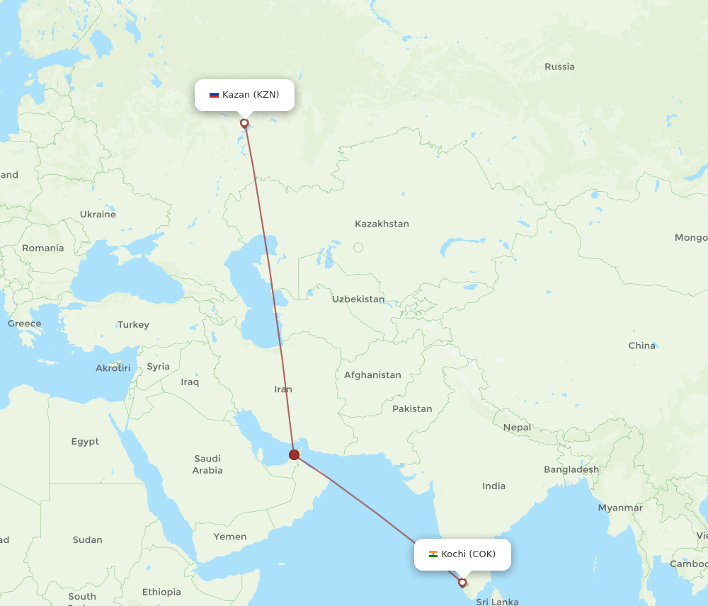 Kochi - Kazan route map and flight paths