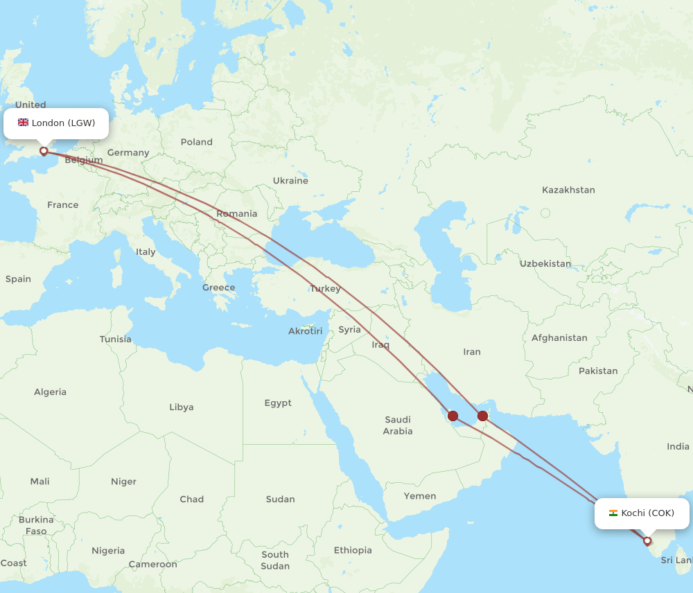 COK-LGW flight routes