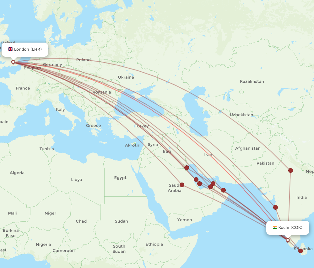 COK to LHR flights and routes map