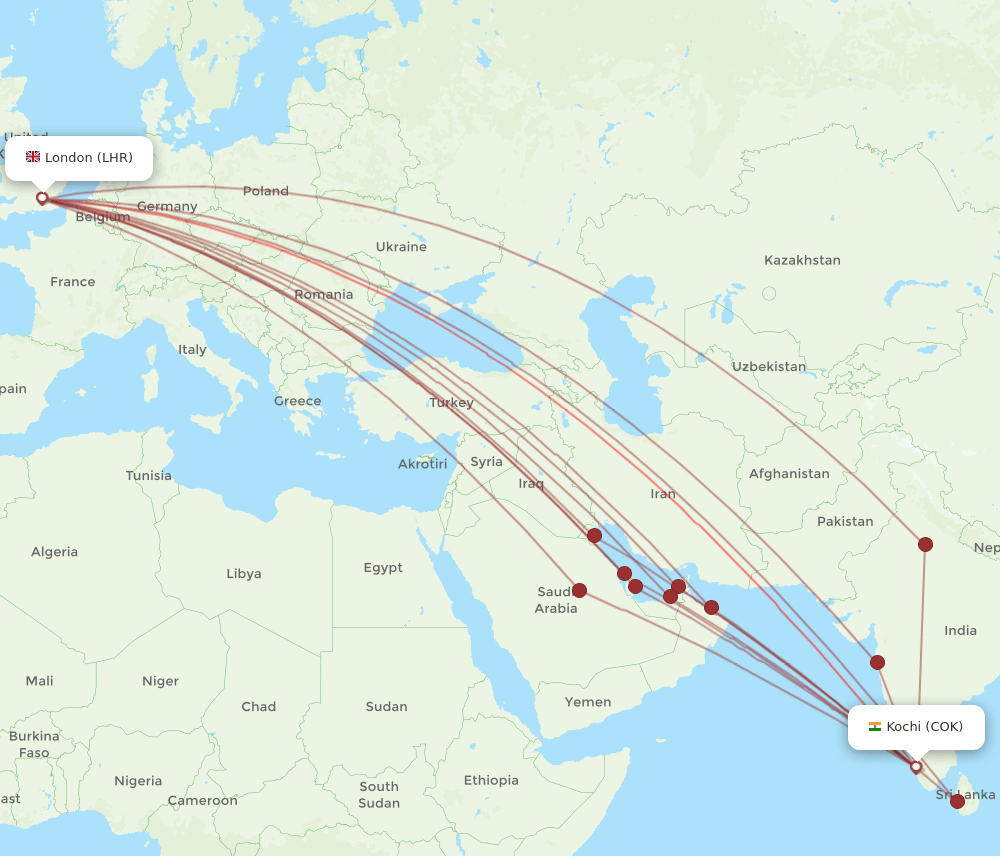 COK-LHR flight routes