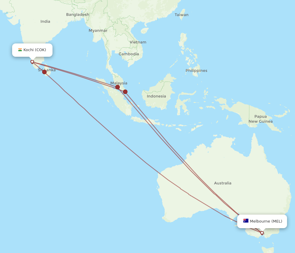COK to MEL flights and routes map