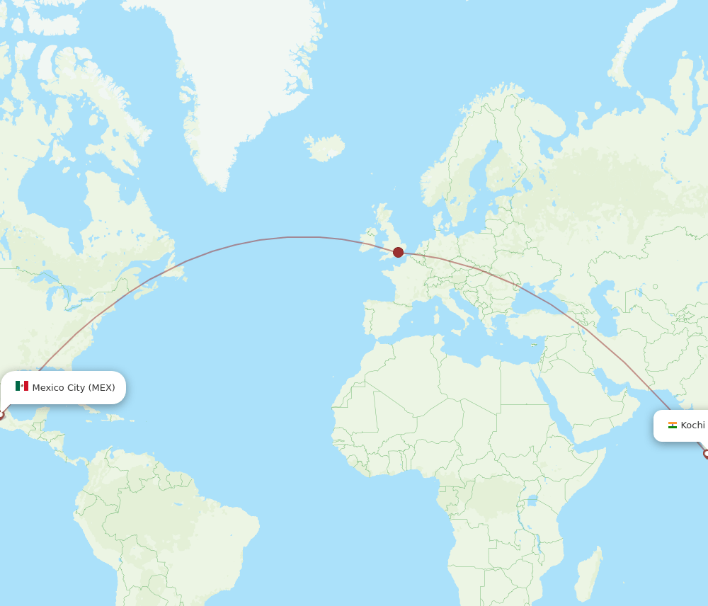 Mexico City - Kochi route map and flight paths