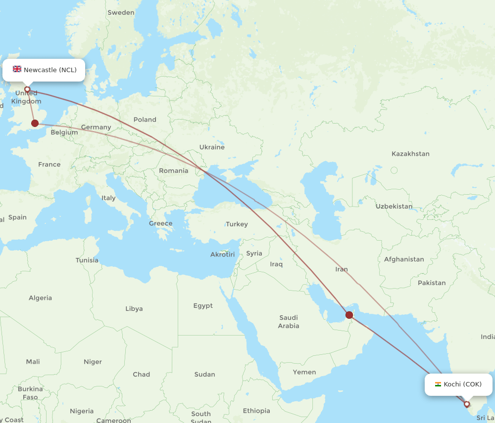 COK-NCL flight routes
