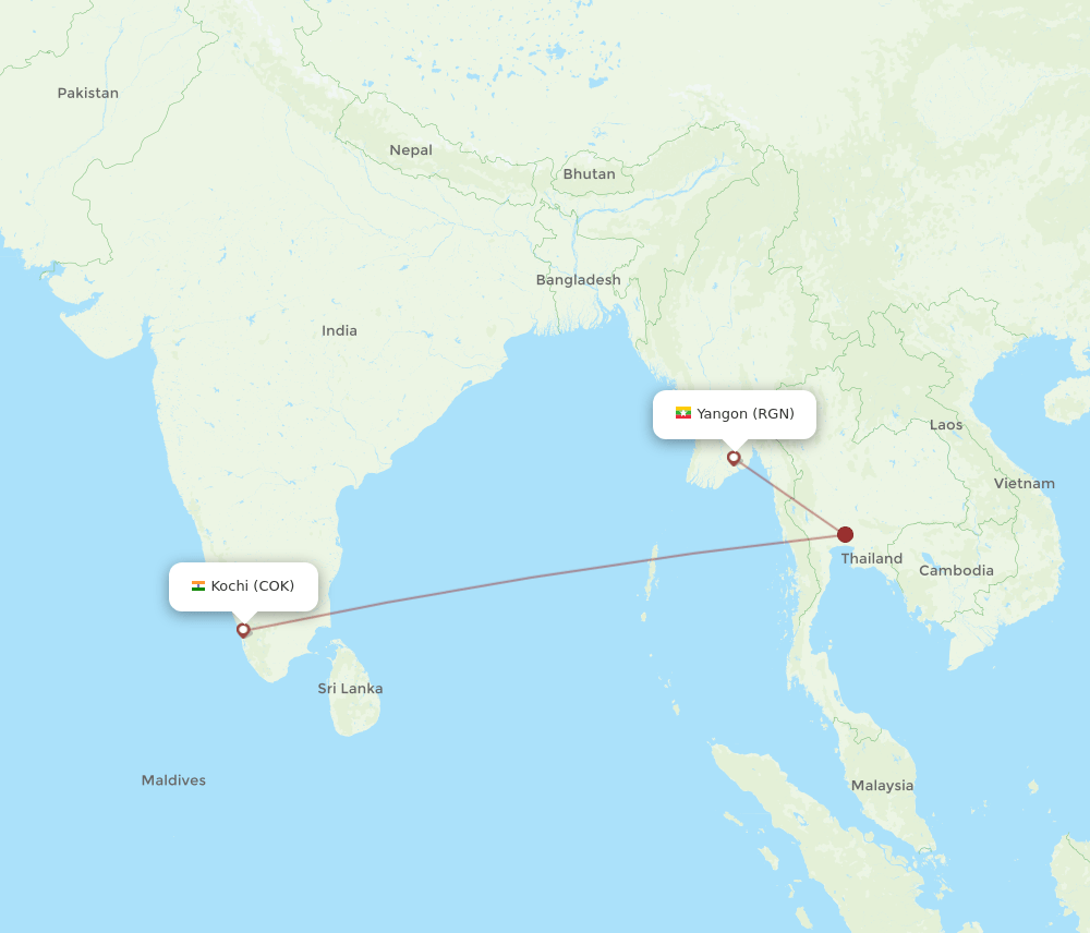 Yangon - Kochi route map and flight paths