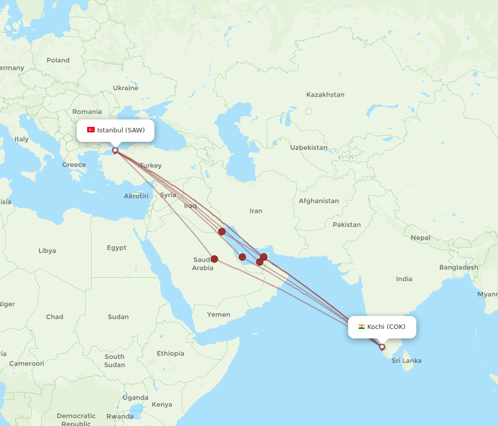 COK to SAW flights and routes map