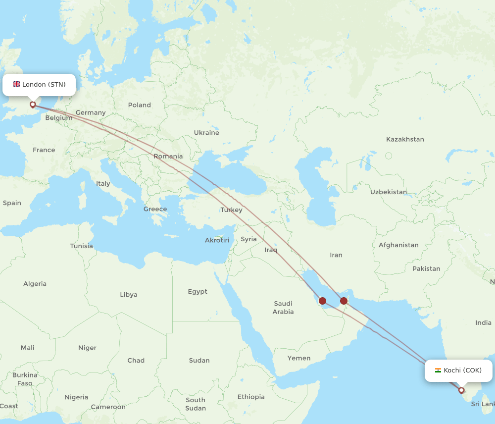 COK to STN flights and routes map