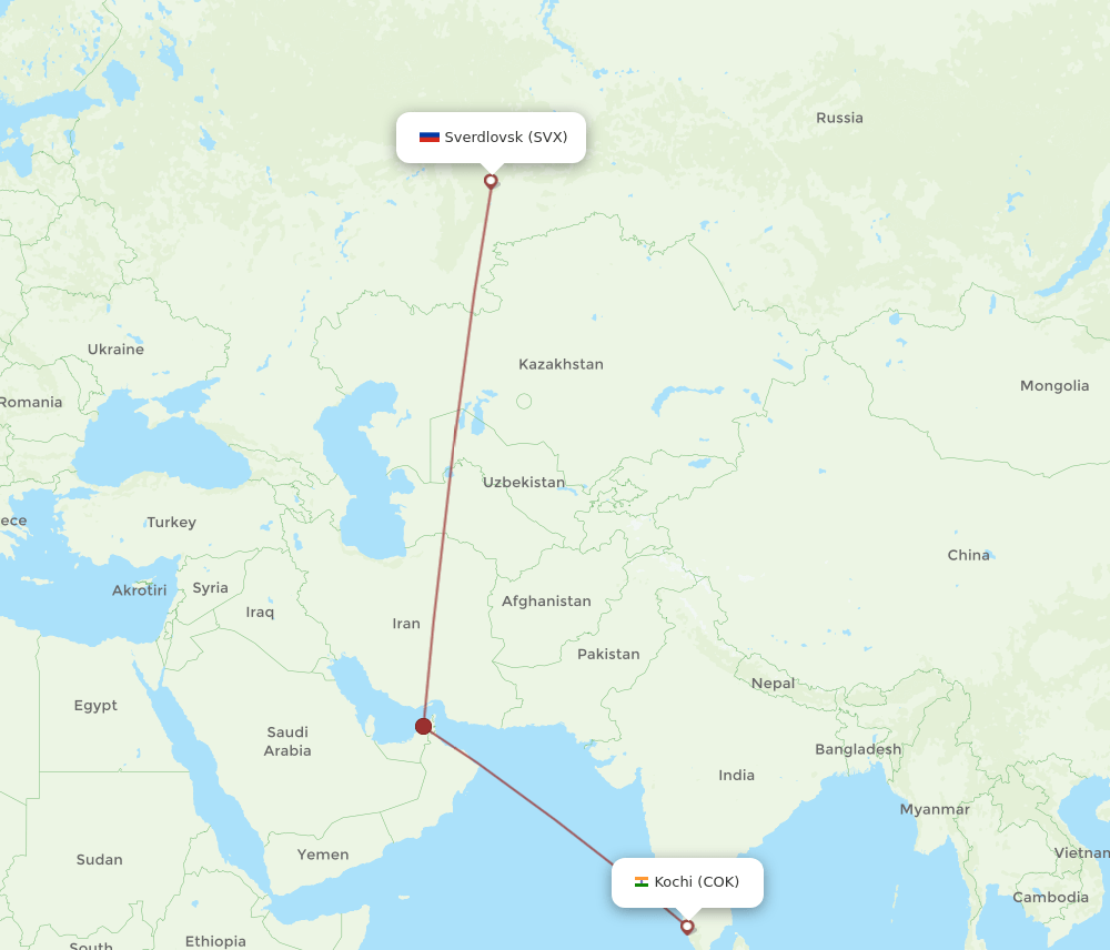 Yekaterinburg - Kochi route map and flight paths
