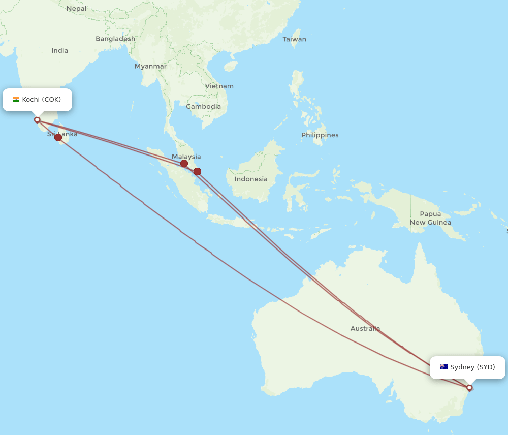 COK-SYD flight routes