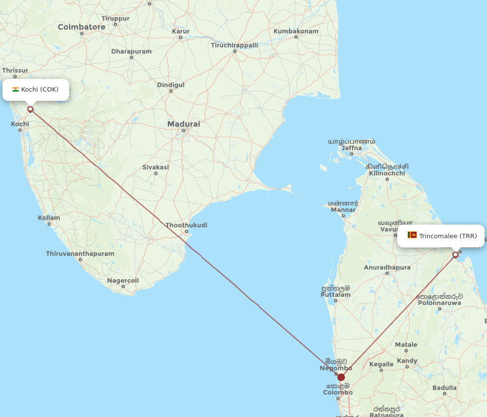 Kochi - Trincomalee route map and flight paths
