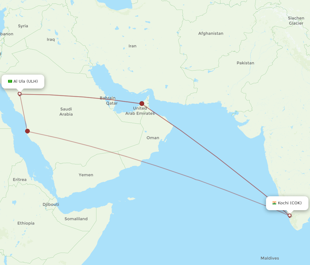 COK to ULH flights and routes map