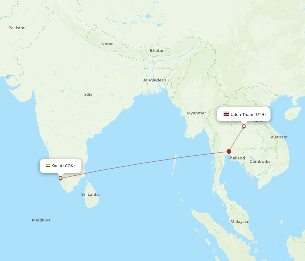 Udon Thani - Kochi route map and flight paths