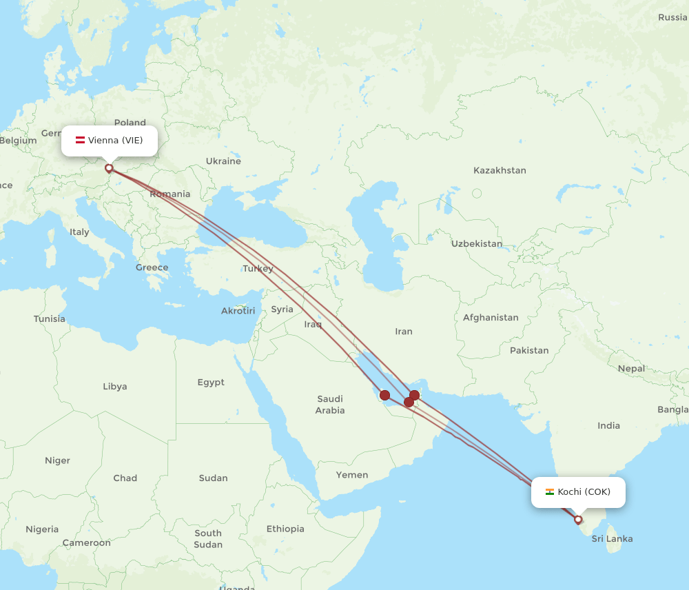 COK to VIE flights and routes map