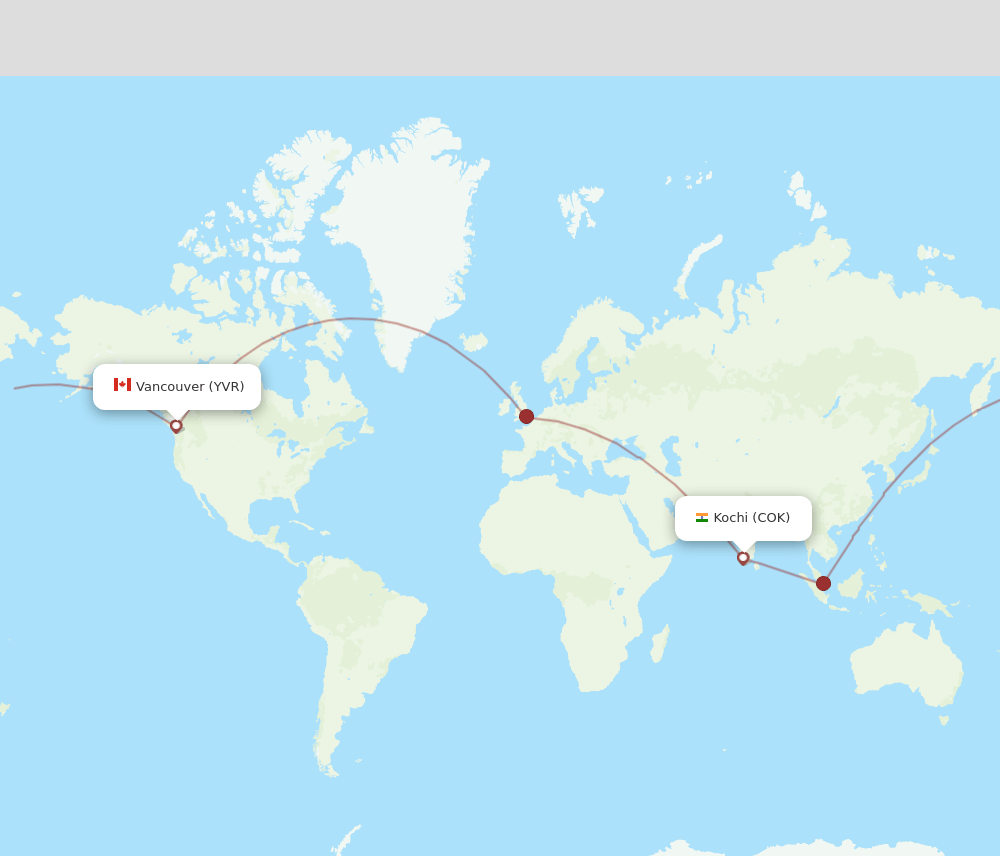 Vancouver - Kochi route map and flight paths