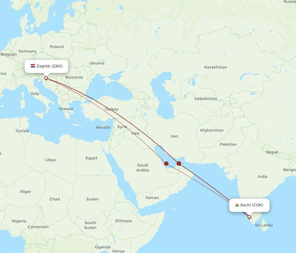 COK-ZAG flight routes