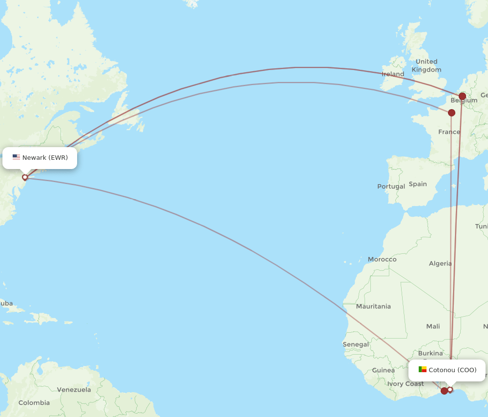 COO to EWR flights and routes map