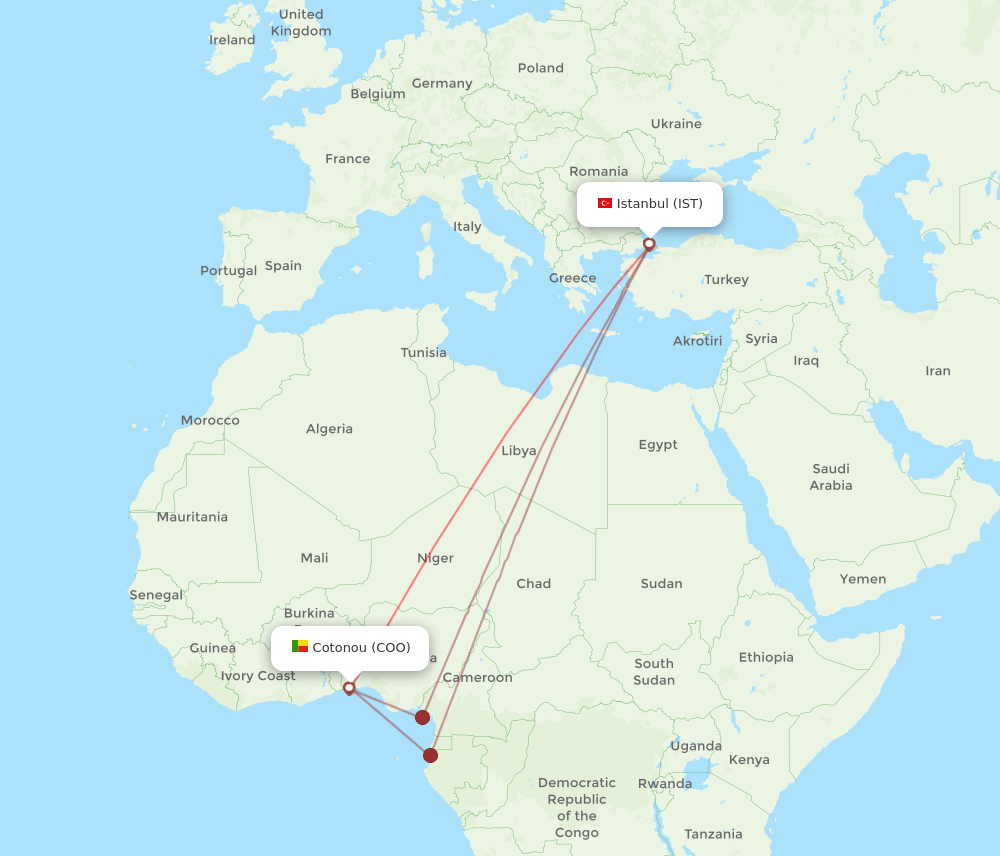 Cotonou - Istanbul route map and flight paths