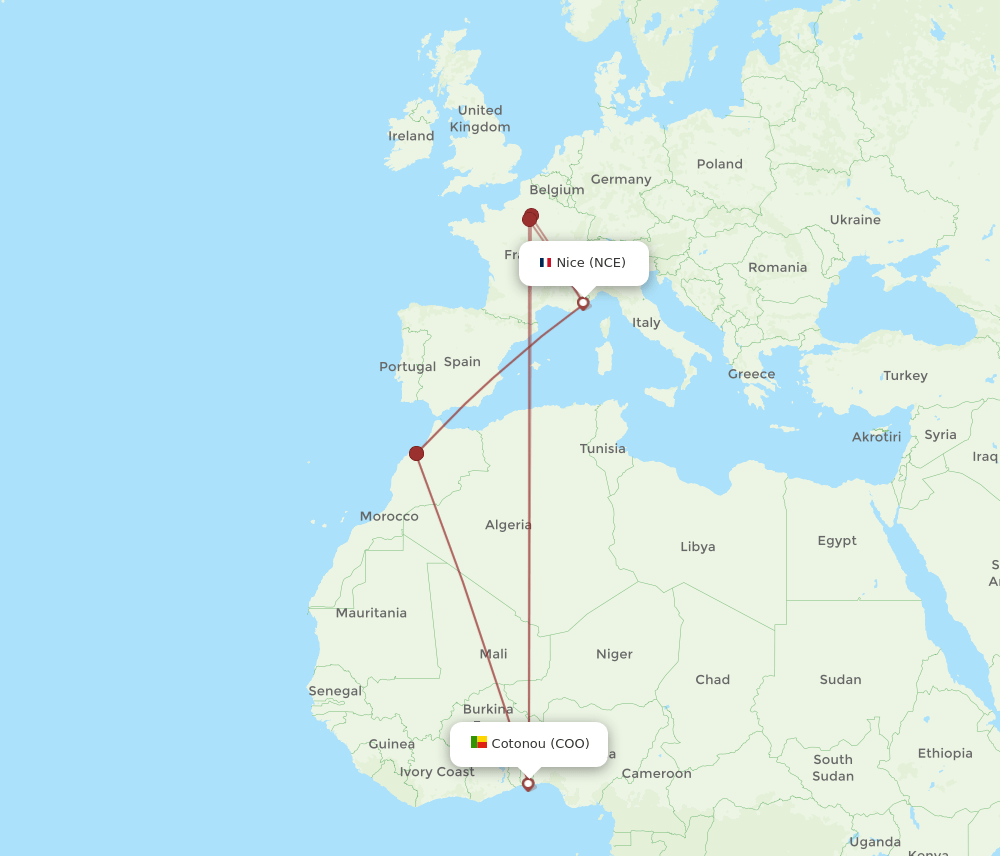 COO to NCE flights and routes map