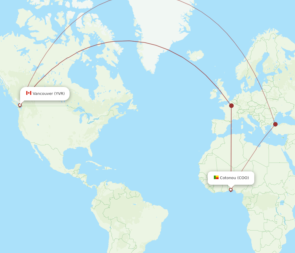 Vancouver - Cotonou route map and flight paths