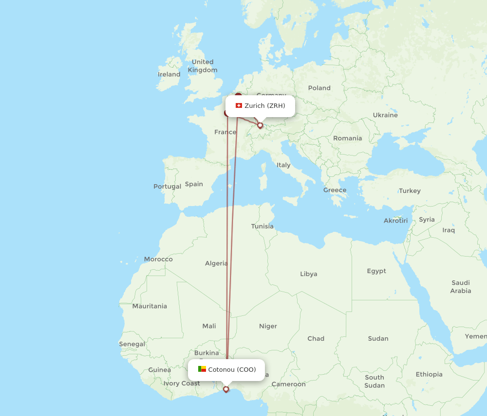 Zurich - Cotonou route map and flight paths