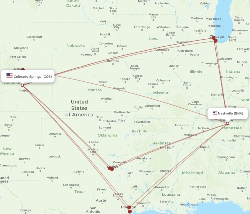 COS-BNA flight routes