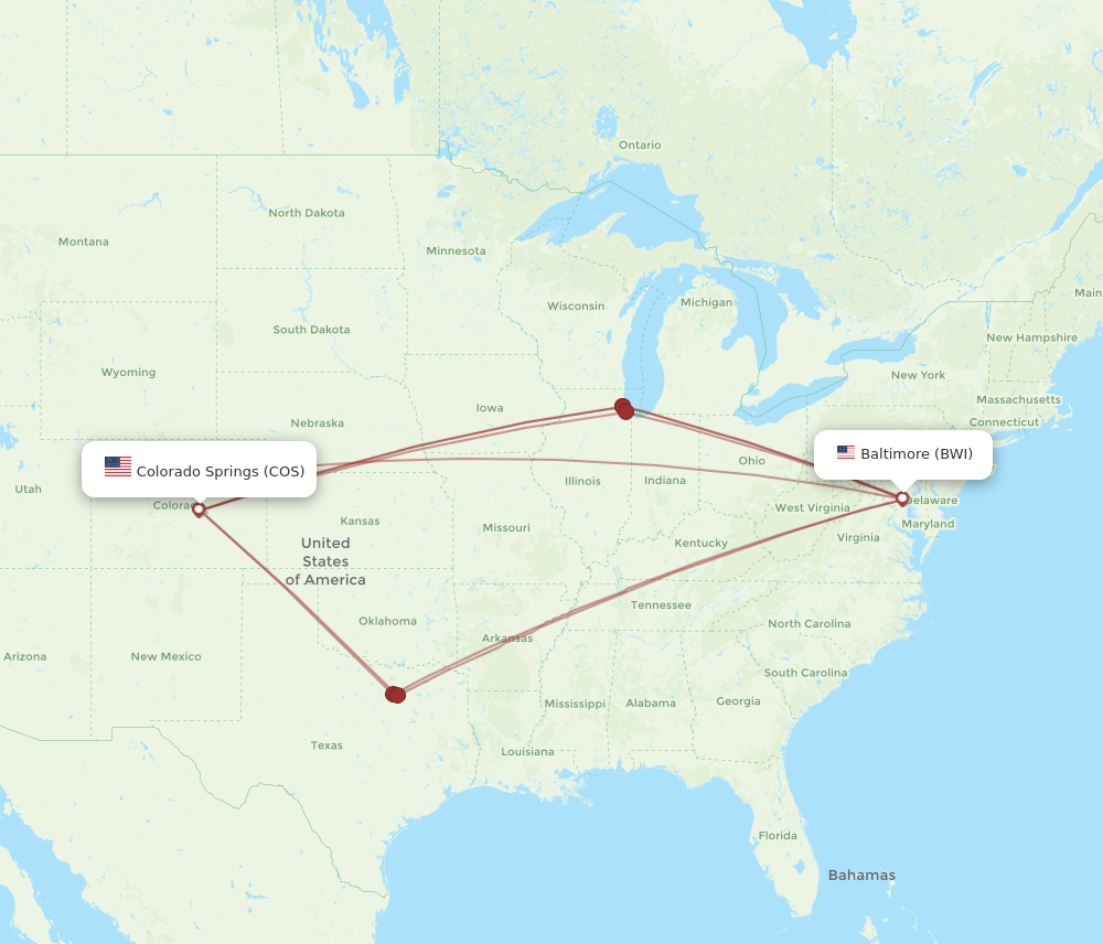 COS to BWI flights and routes map