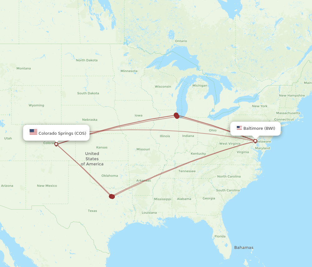 COS to BWI flights and routes map