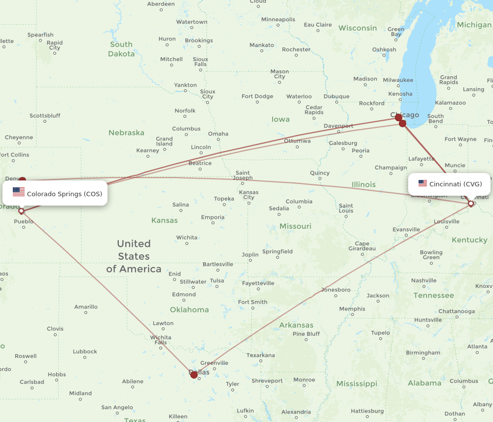 COS-CVG flight routes