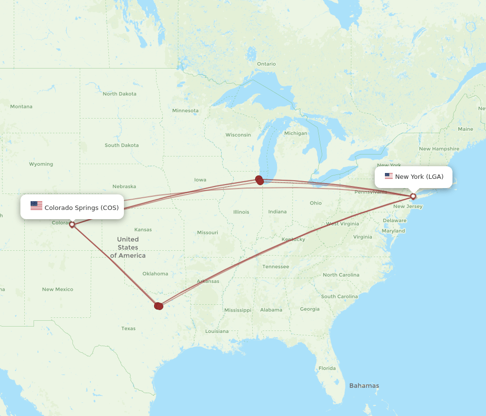 COS-LGA flight routes