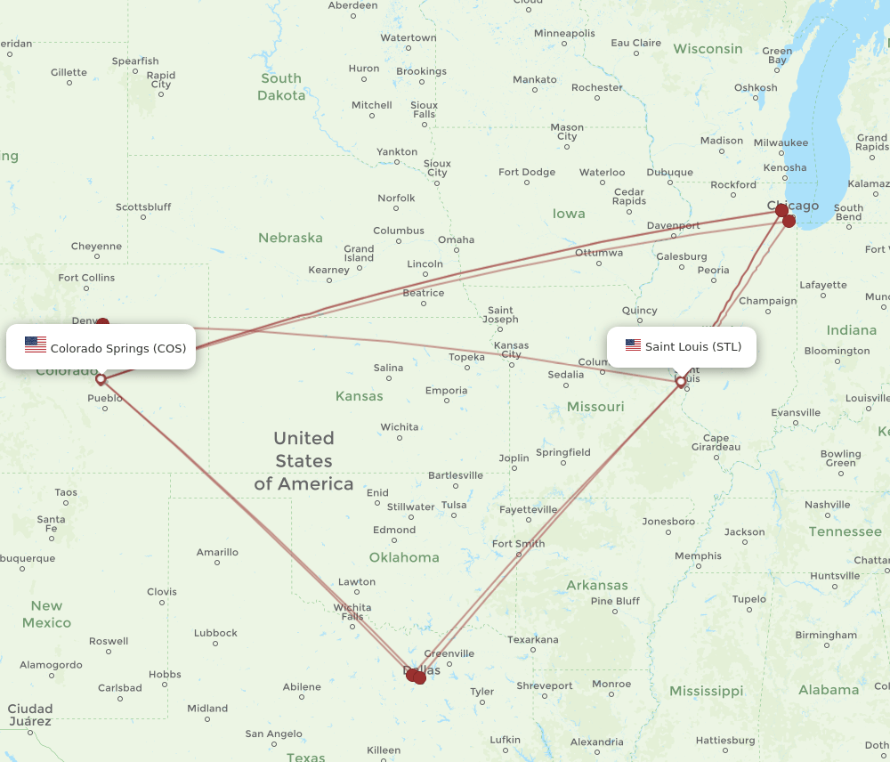 COS to STL flights and routes map