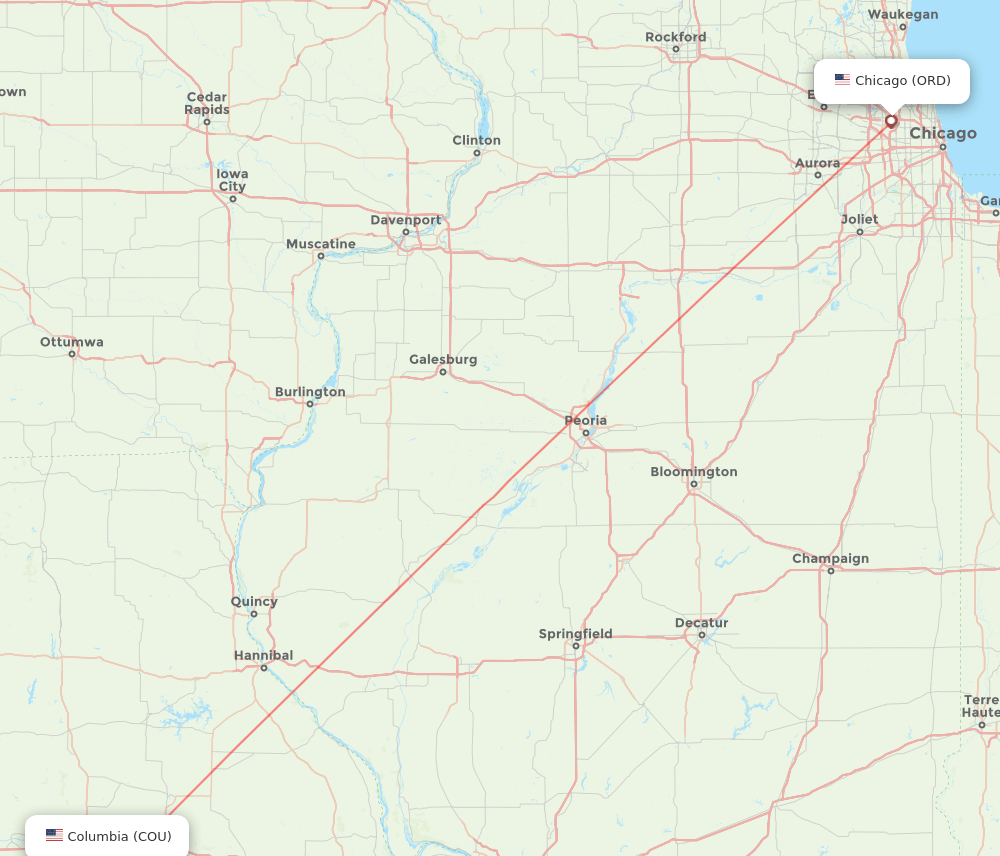 Columbia - Chicago route map and flight paths
