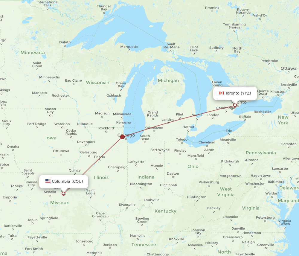 Toronto - Columbia route map and flight paths