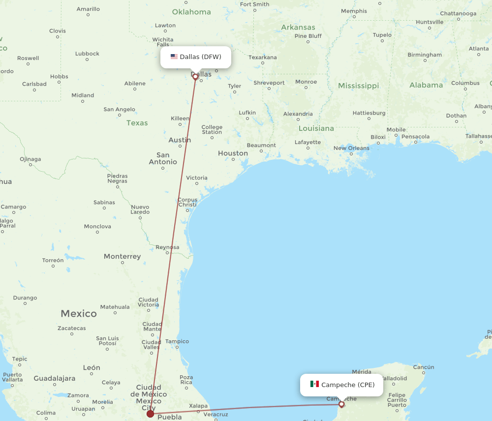 CPE-DFW flight routes