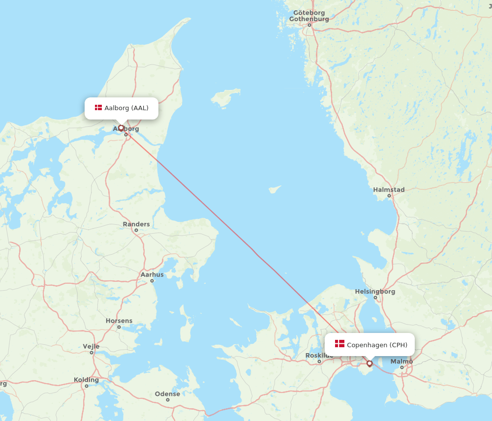 Copenhagen - Aalborg route map and flight paths