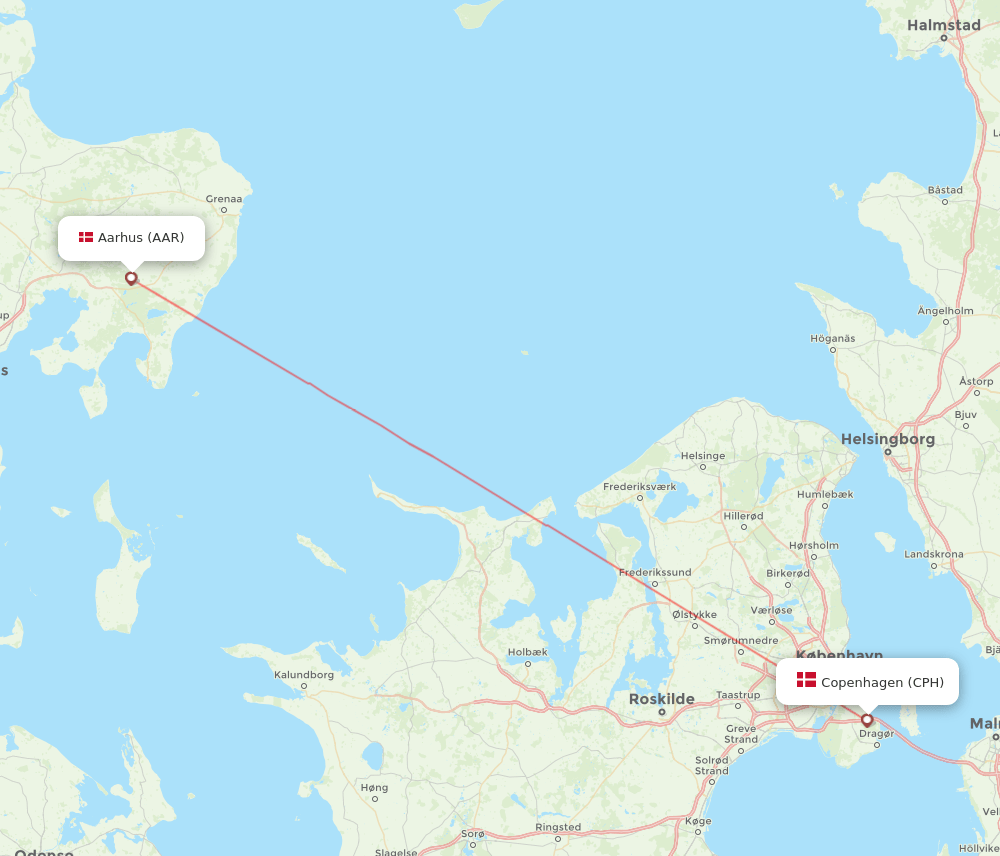 Copenhagen - Aarhus route map and flight paths